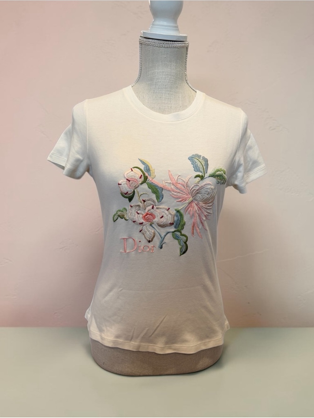 Dior White Short-Sleeve Tee with Pastel Floral Embroidery